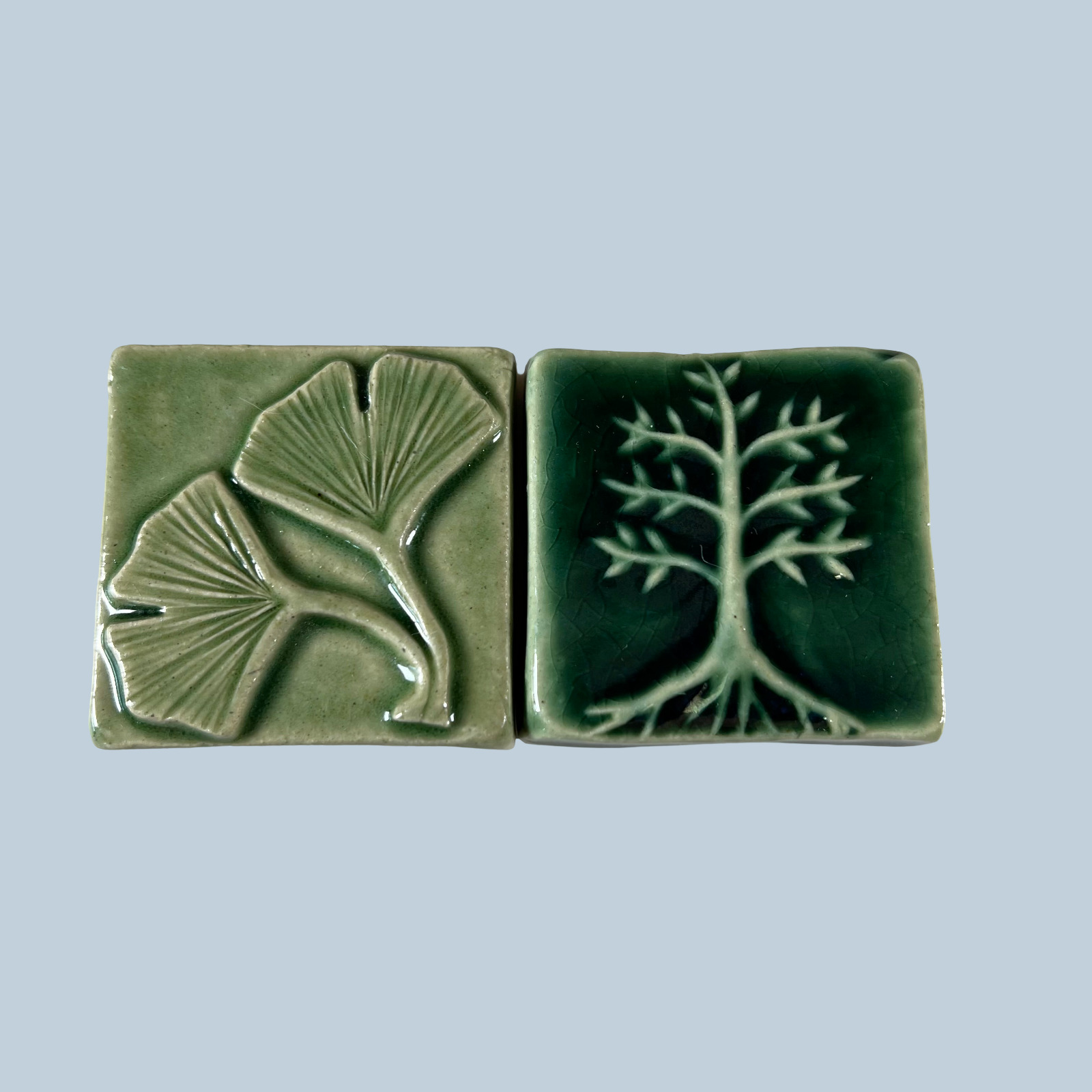Lot Of 2 Emu Tile Kent, OH Green Tree Plant Glazed Mini Wall Tiles 2019 2\