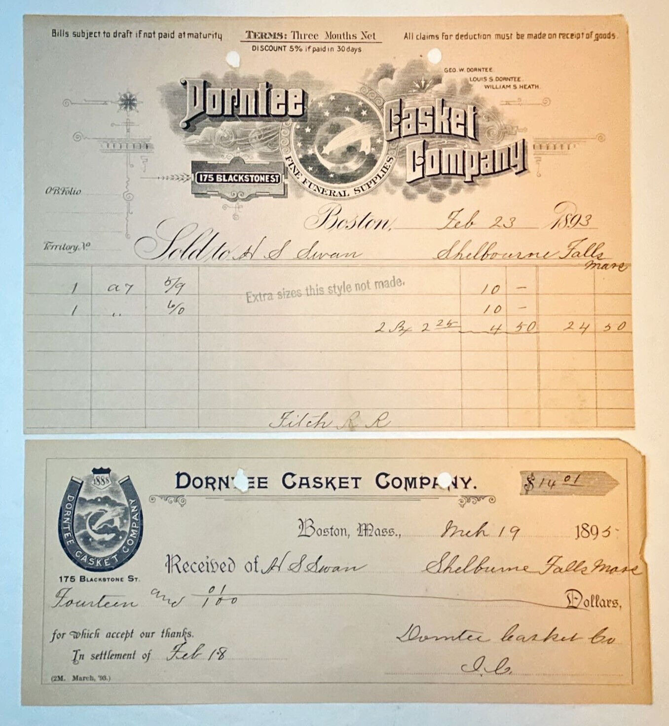 Lot of 2 Antique 1893 Dorntee Casket Co. Illustrated Invoice And Check Boston