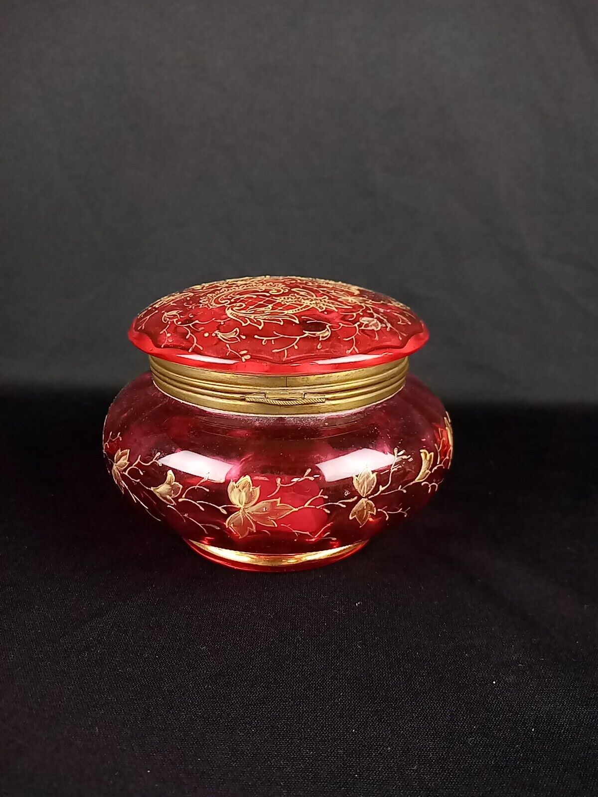Antique Victorian Bohemian Hand Painted Cranberry Glass Hinge Vanity Trinket Box