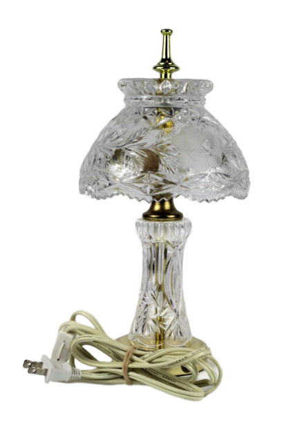 Vintage Boudoir  Bedside Table Lamp Cut Crystal Glass Floral Etched Pattern 12.5