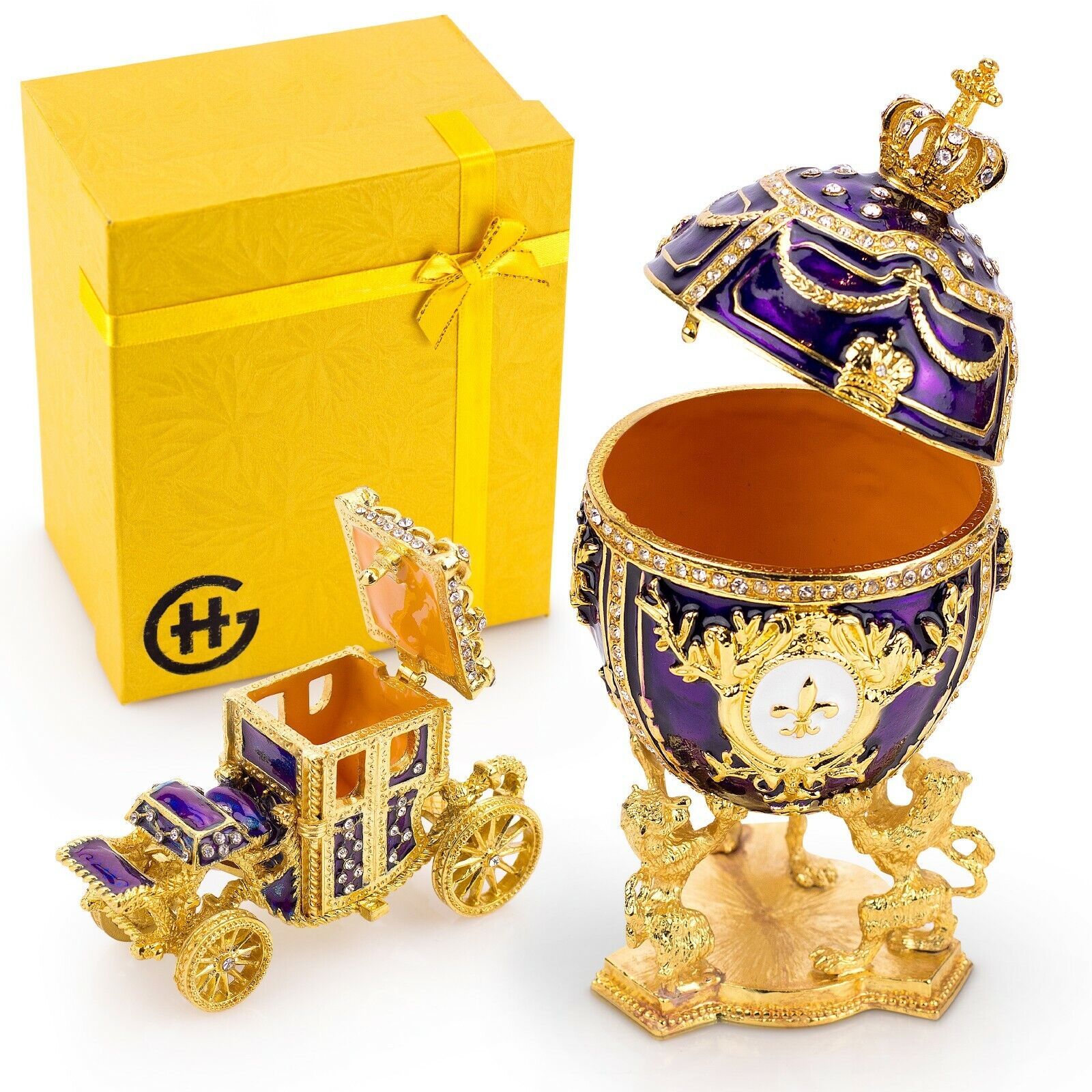 Royal Imperial Purple Faberge Egg Replica: Large 6.6 inch + Carriage by Vtry