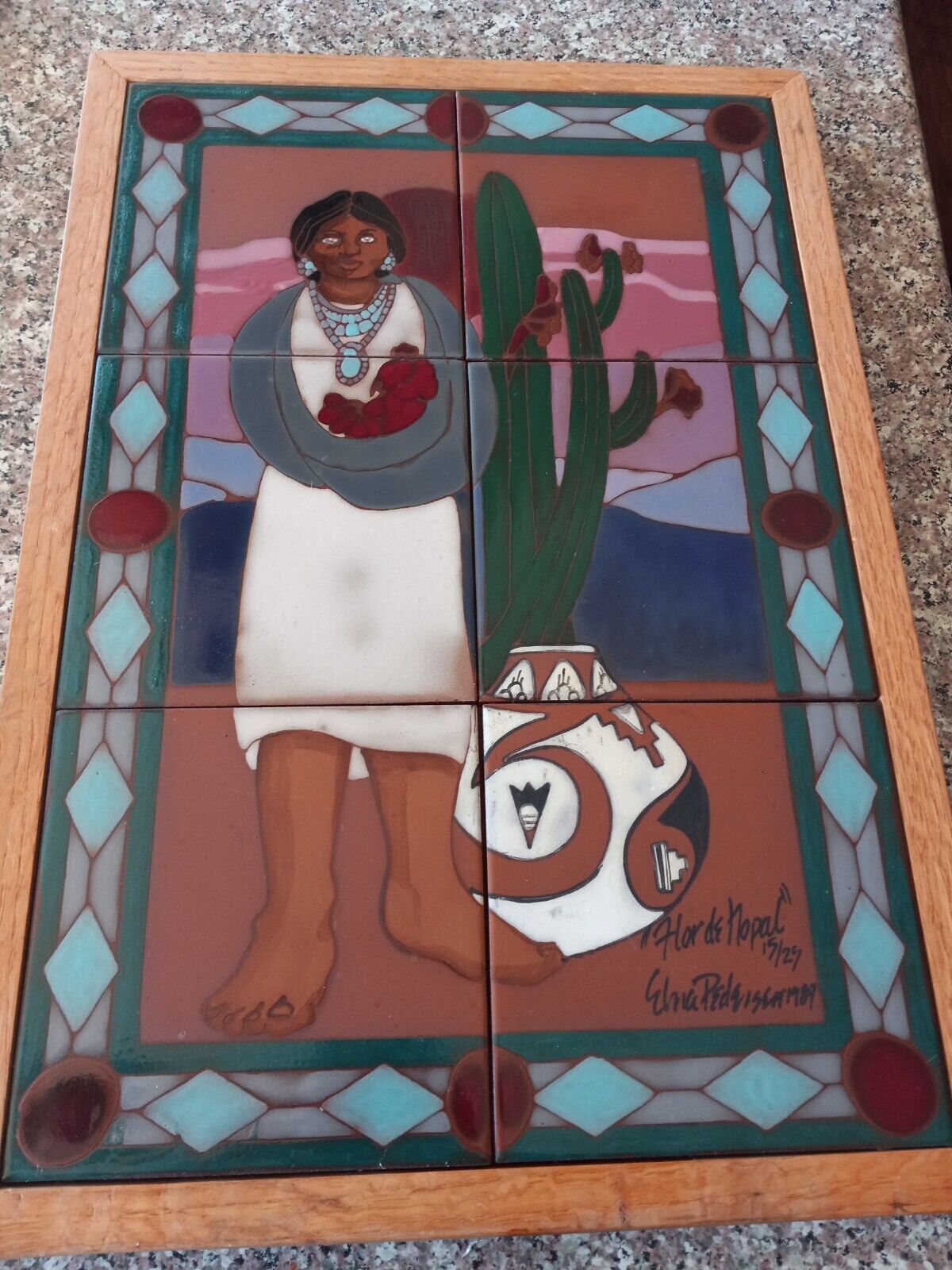 Heavy Vtg 80s Glazed Multi  Tile Framed Signed Navajo Cactus Woman Painting