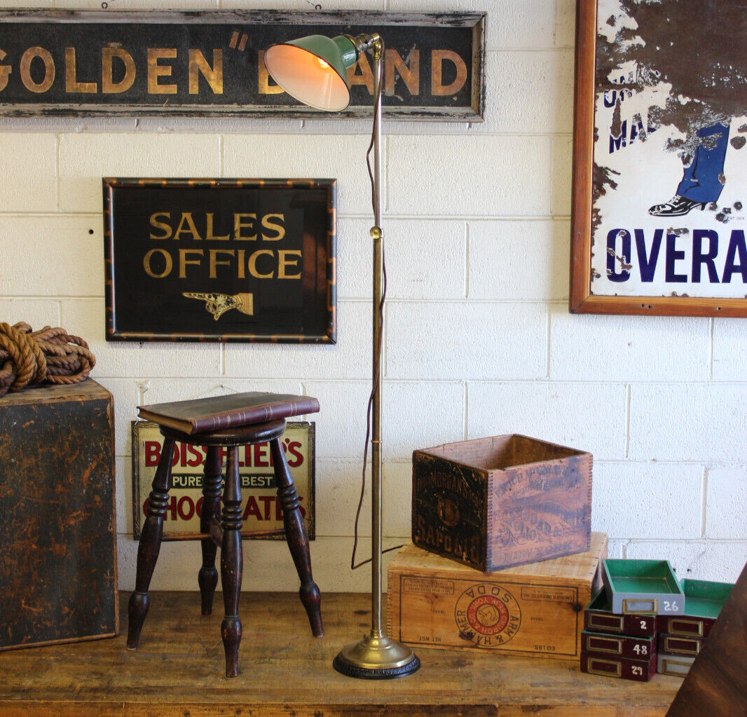 Vtg Antique Faries Era Industrial Brass Floor Lamp Light Factory Enamel Shade