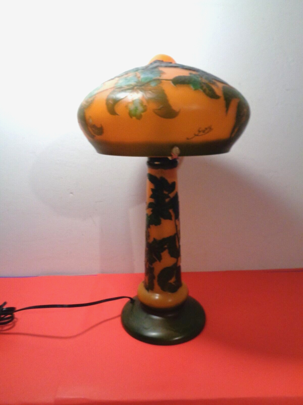 Emile Galle Signed Art Nouveau Floral Cameo Mushroom Top Table Lamp (20 by 11\