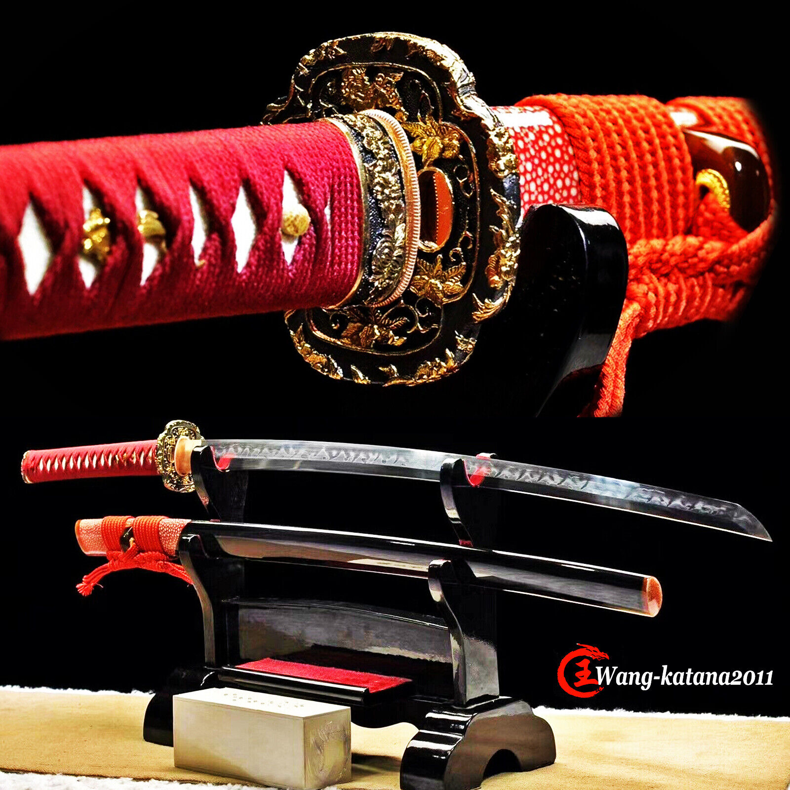 Red Handmade Katana Clay Tempered T10 Steel Japanese Samurai Functional Sword