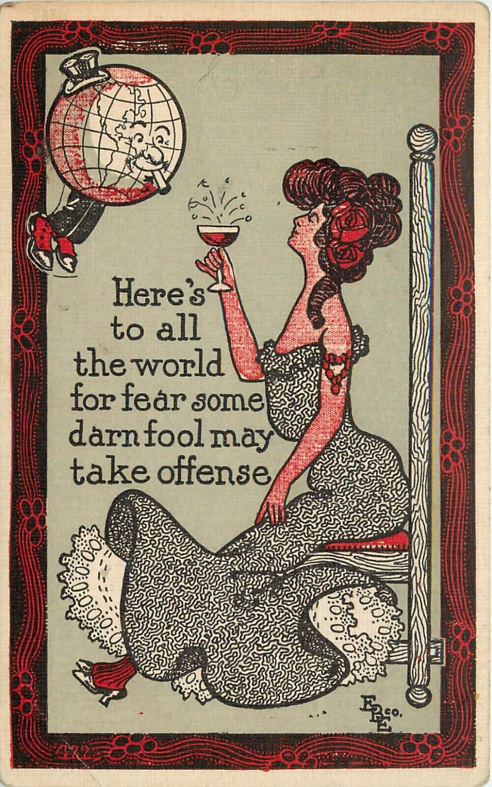 EBE Co. Postcard; Globe-Man, Woman Toasts All the World so No One Gets Offended