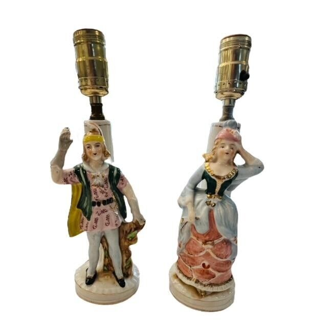 Vintage Pair of  Victorian Style Porcelain Lace Figurine Table Lamps Girl & Boy