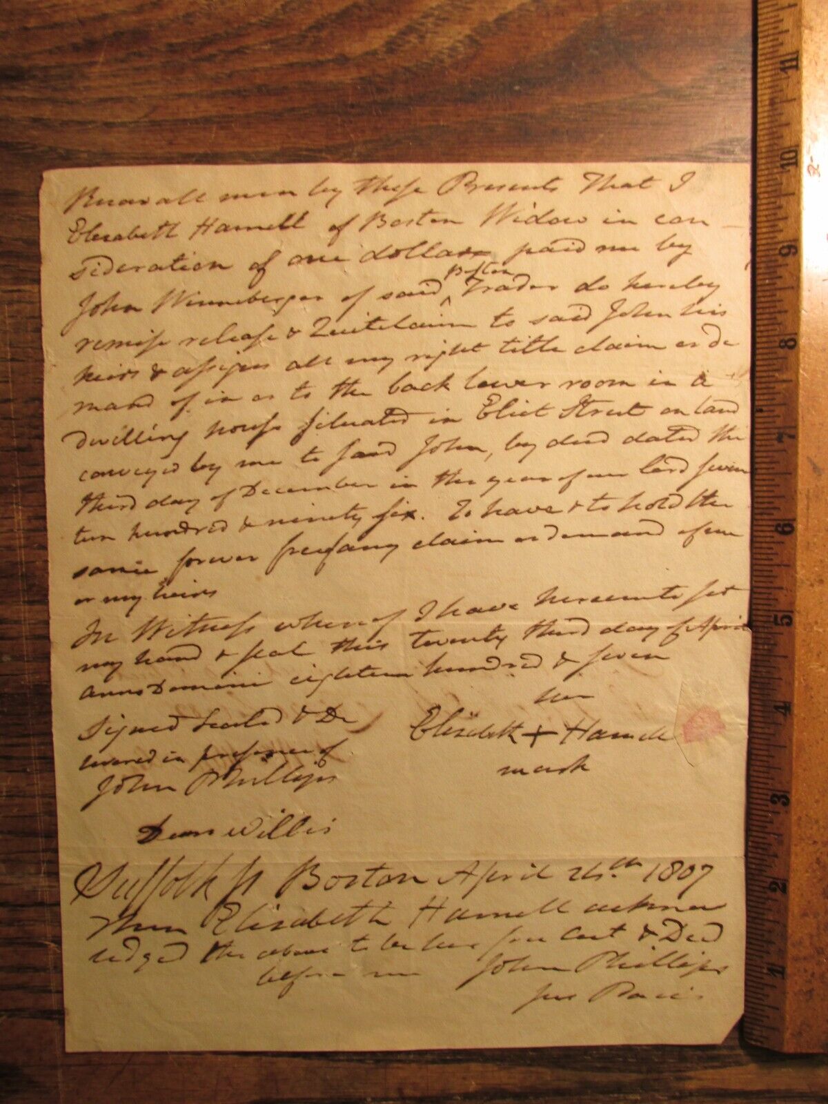Antique Ephemera 1807 Boston Legal Document Elizabeth Hamell Widow