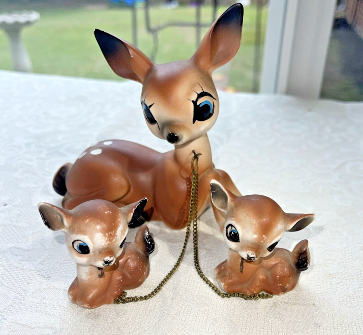 Vintage Japan Ceramic Mother Doe Deer & Baby Fawns (Set of 3) Chained Figures