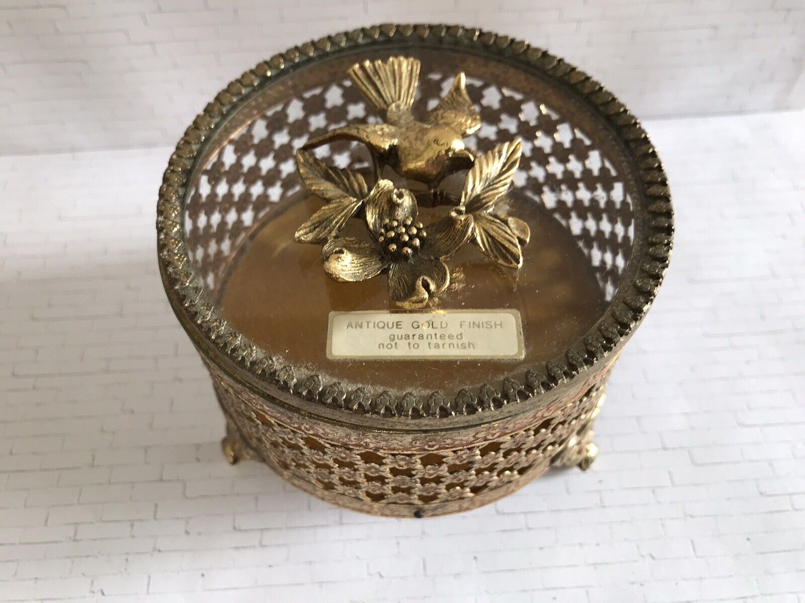 Vintage Ornate Gold Metal & Glass Trinket Box Antique Gold Finish