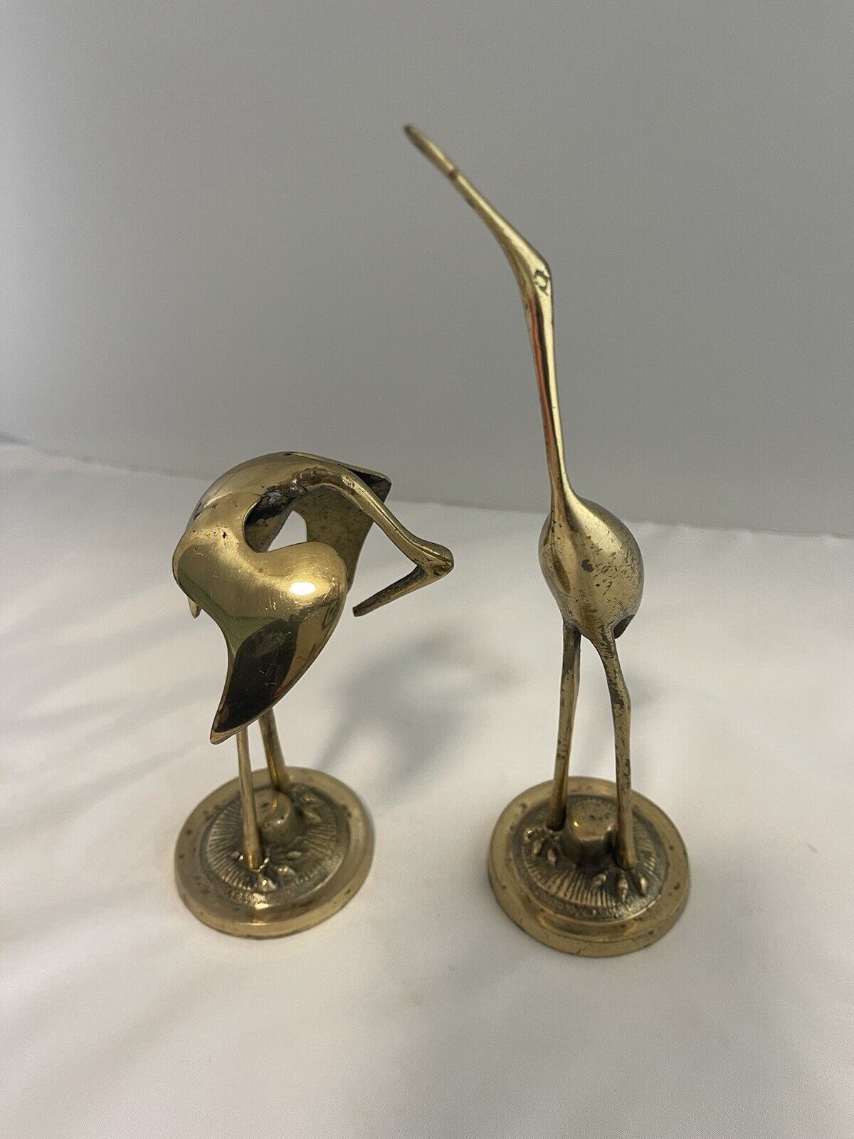 Vintage Brass Crane Heron Stork Birds Figurines Coastal Set Of 2 Made In Korea