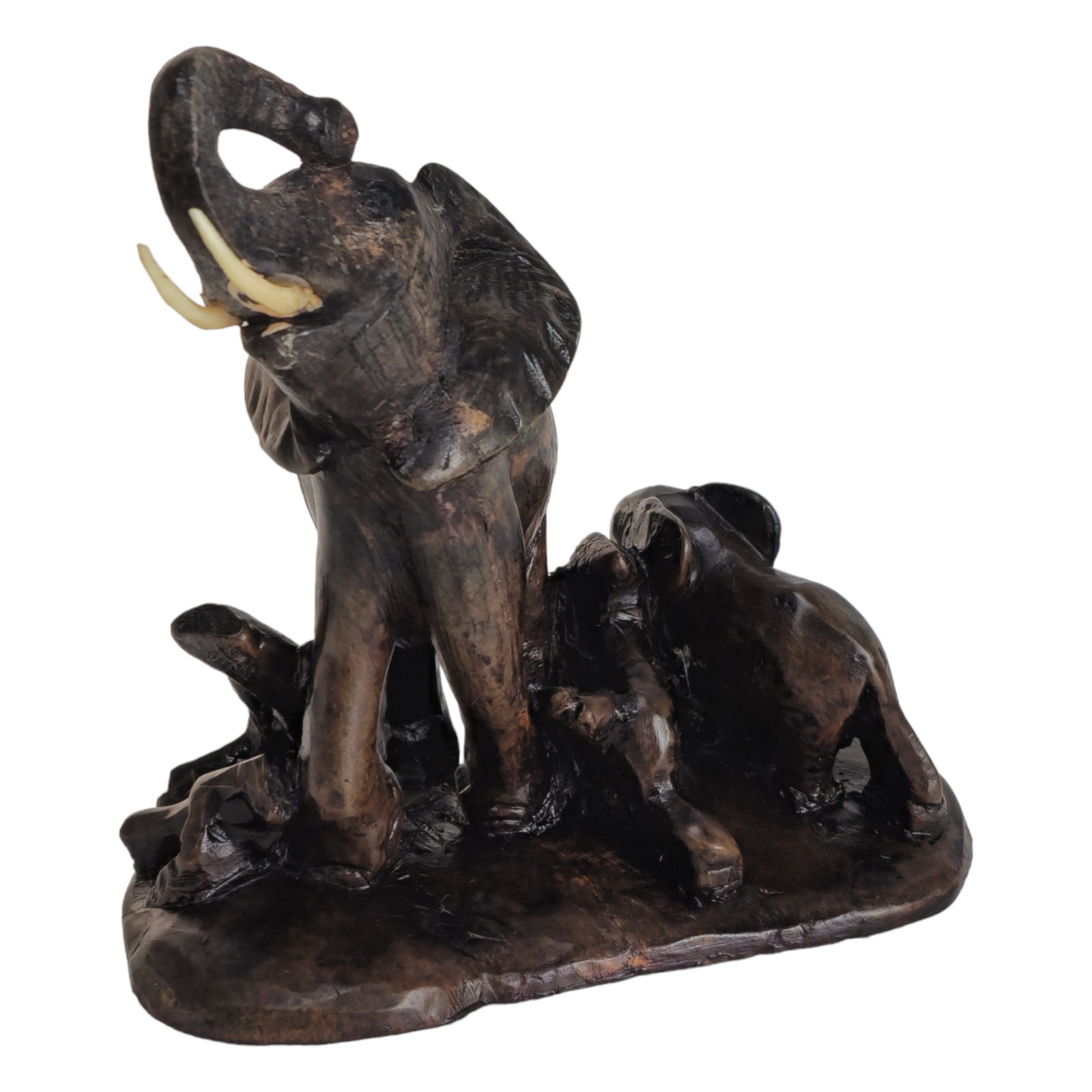 Vintage Charging Mother Elephant & Calf Ironwood Sculpture Figure Zimbabwe
