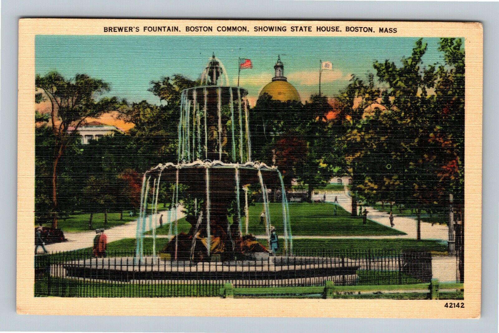 Boston Common, Brewer\'s Fountain State House VintageMassachusetts c1940 Postcard