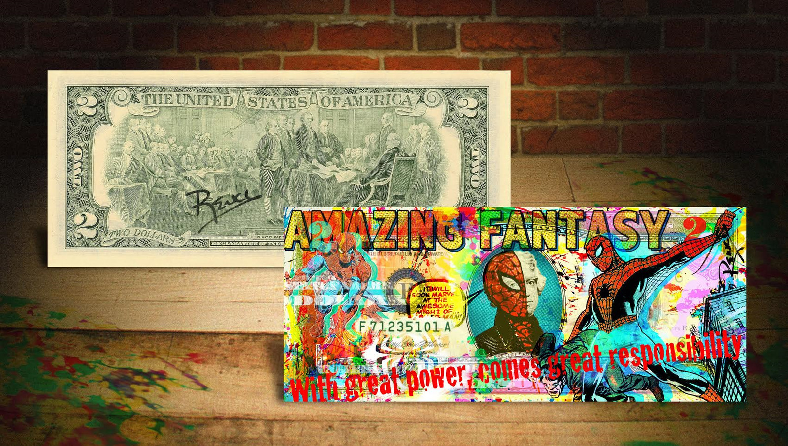 SPIDER MAN Amazing Fantasy Genuine $2 Bill SIGNED by Rency with Holder *MUST-SEE