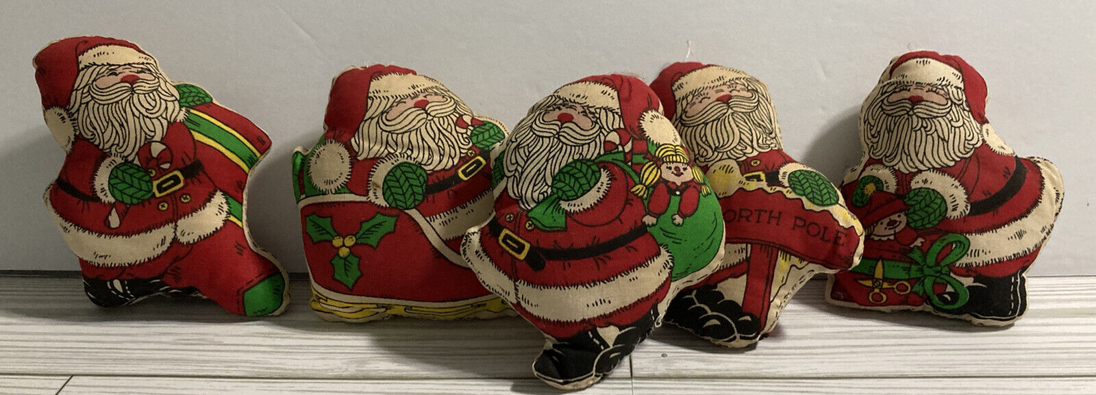 Vintage Lot of 5 Handmade Fabric Stuffed Christmas Holiday Santa Ornaments