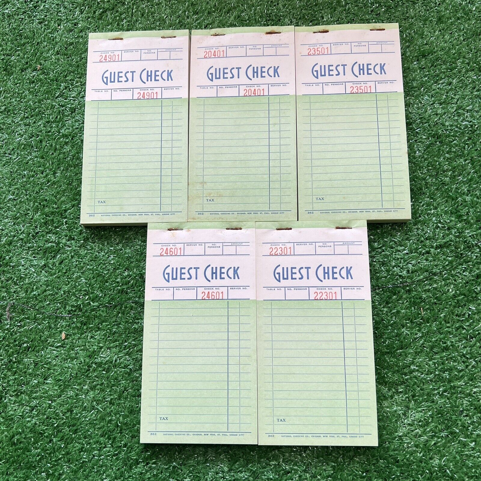 Lot of 5 Vintage Guest Check Receipt Book Numbered Pages  Mint Green