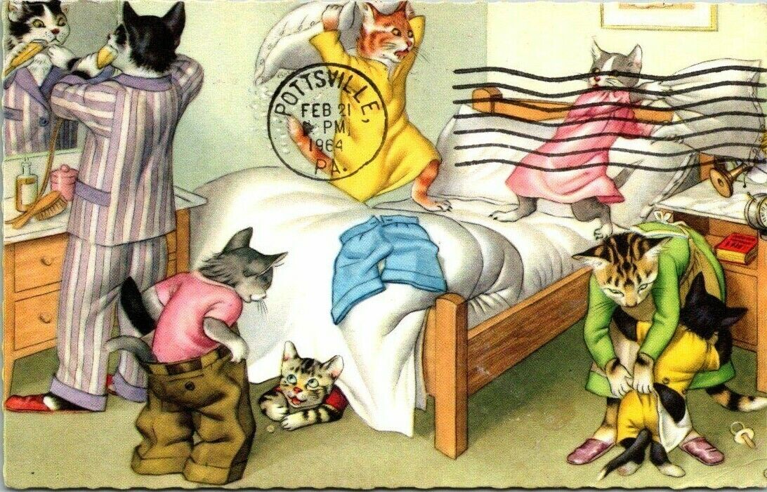 VTG Alfred Mainzer 1960\'s Anthropomorphic Cats Getting Dressed Morning Post Card