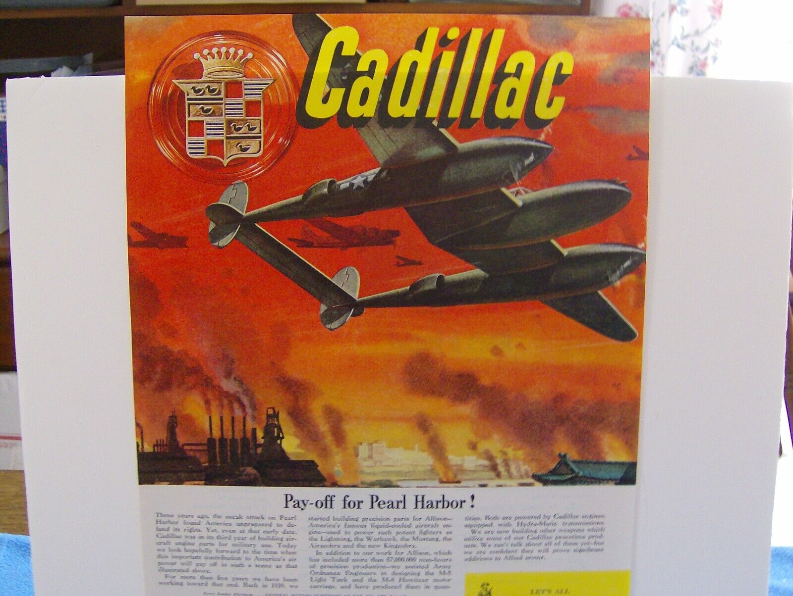 1945 CADILLAC WAR MAGAZINE AD PAY-OFF FOR PEARL HARBOR