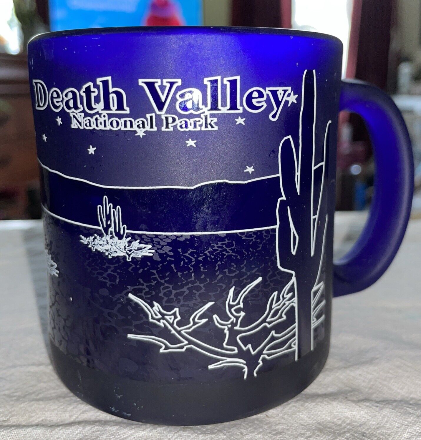 Vtg Cobalt Blue Glass Mug Death Valley National Park Moon Desert Made in USA
