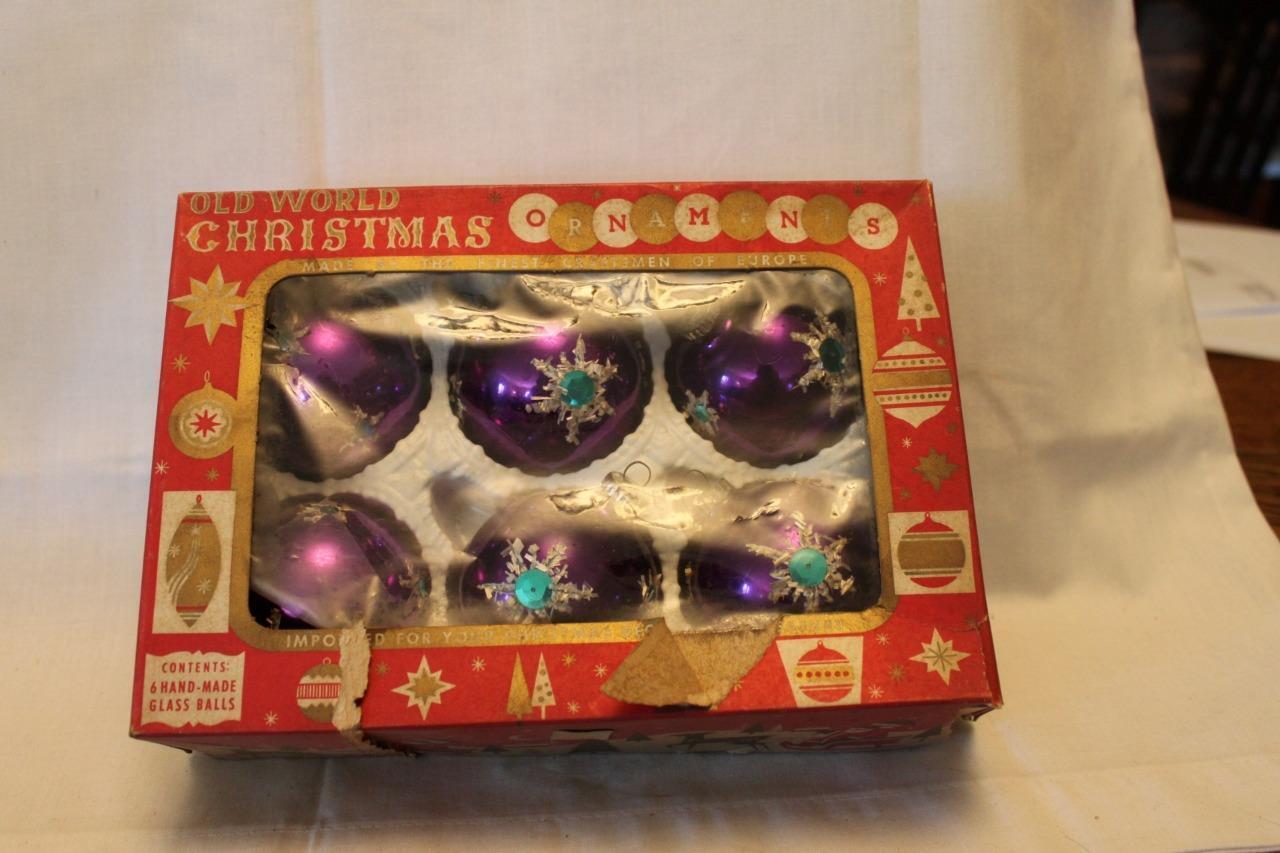 6 Vtg Old World Glass Christmas Ornaments in Box Purple with Sequins & Foil