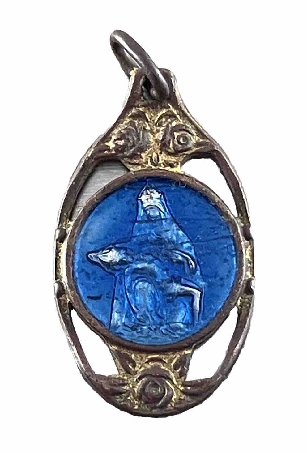 Vintage Catholic Pieta Blue Enamel Religious Medal Cutout