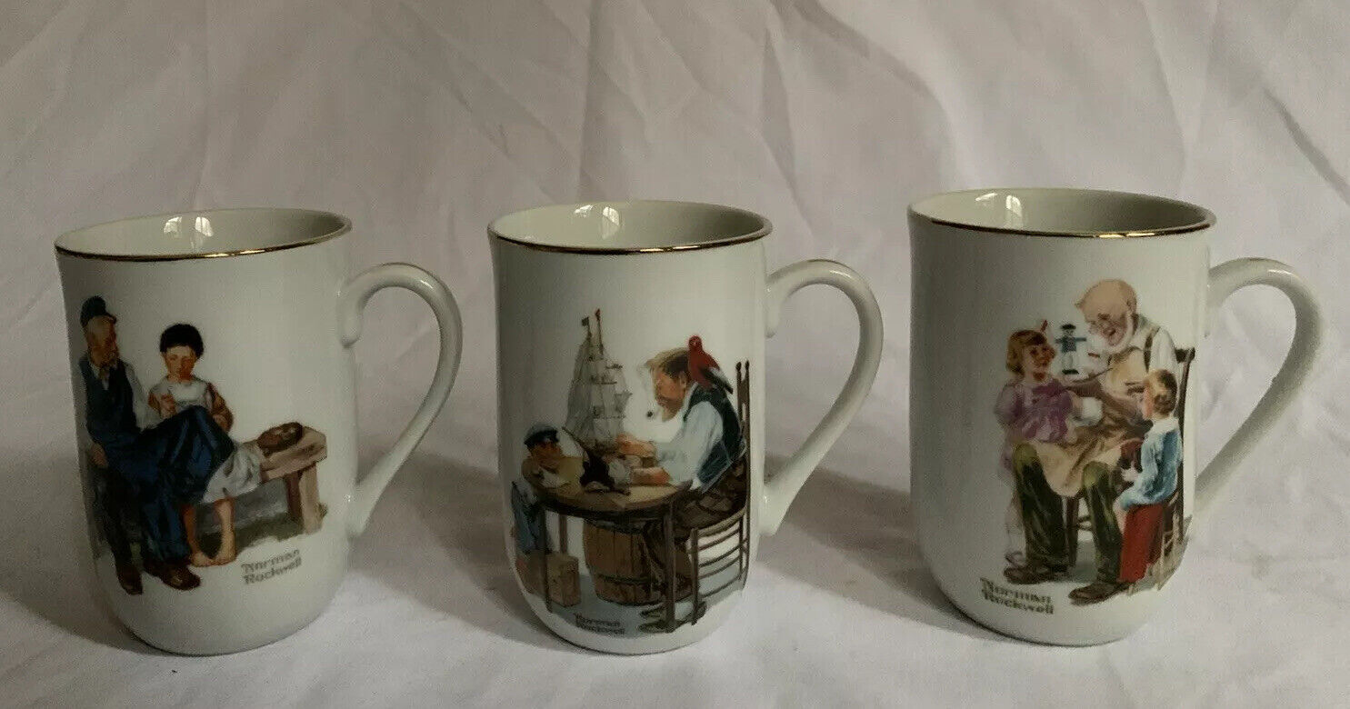 Vintage Norman Rockwell Museum Porcelain Collector Mugs 1982 Lot of 3 -C04