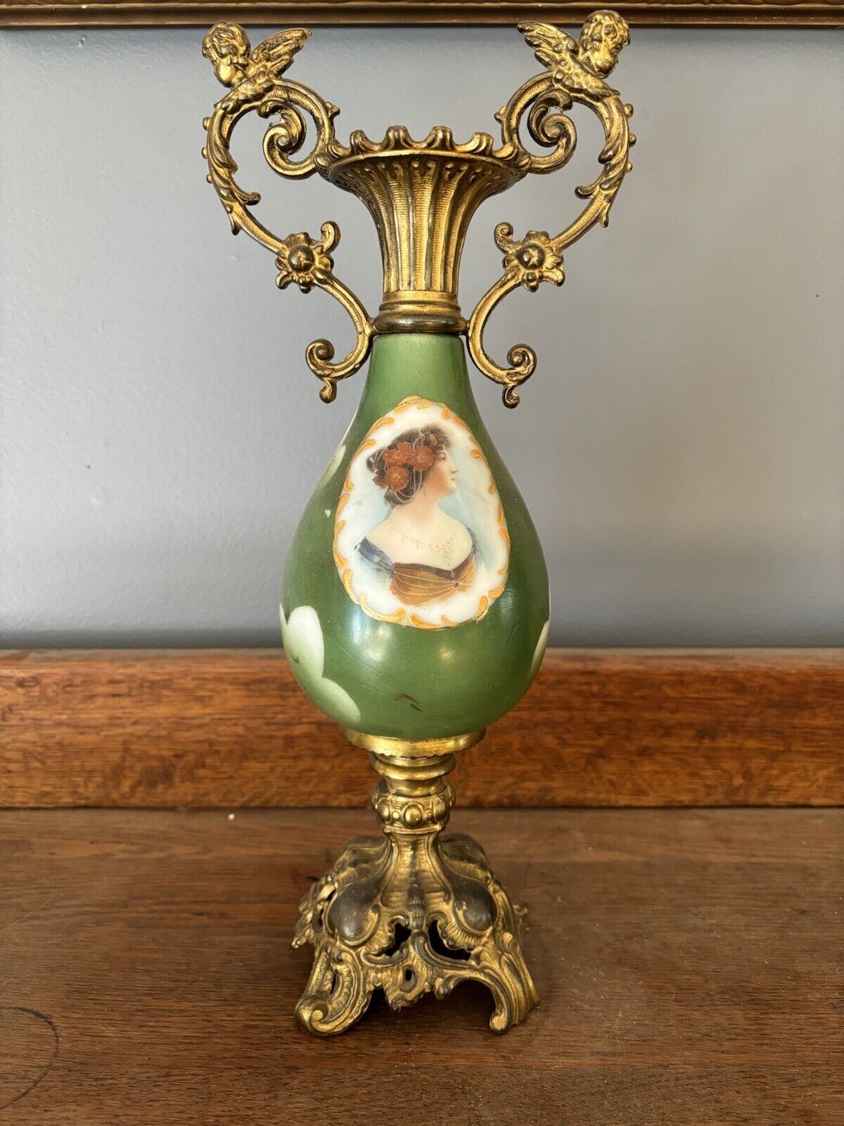 Antique Victorian Portrait Decorated Porcelain Urn with Gilt Metal Decoration