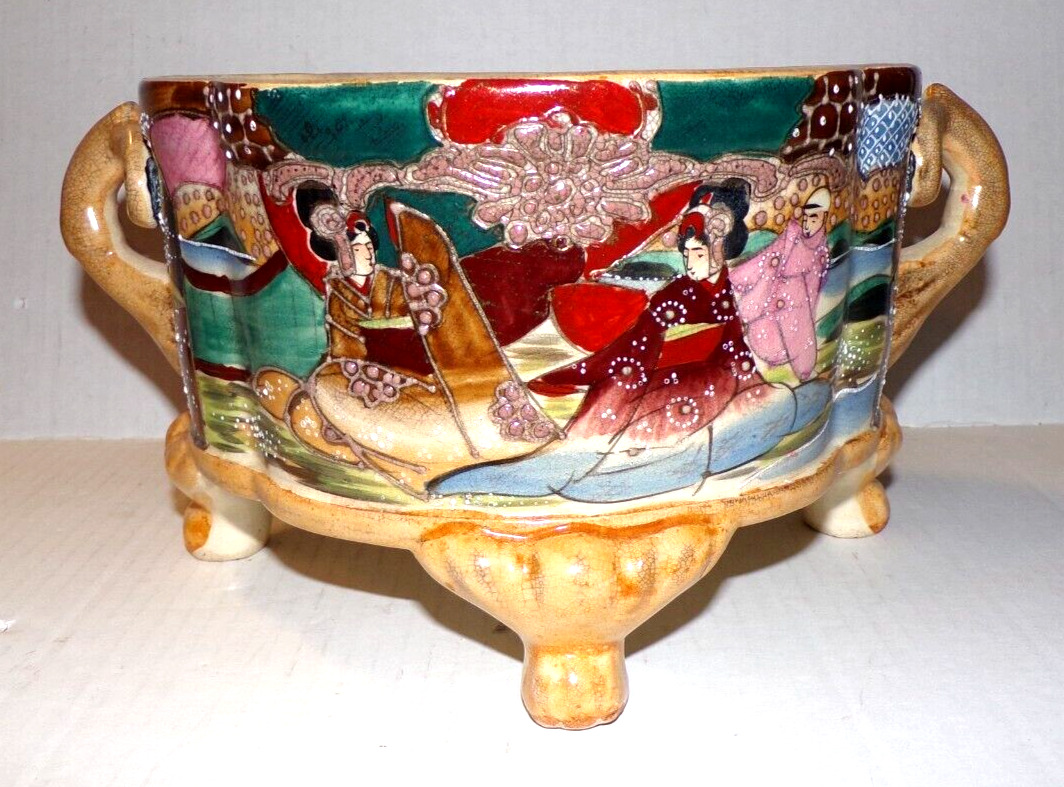 Antique Japanese Satsuma Stoneware Planter Footed Painted Earthenware Moriage