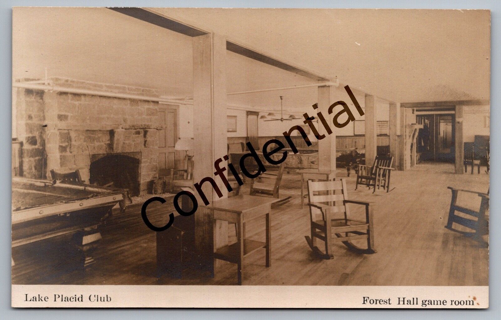 Real Photo Lake Placid NY Club Interior Forest Game Room Pool Table RP RPPC L166
