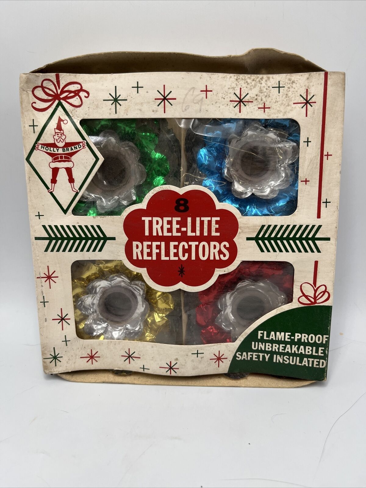 Vintage Holly  (8) Tree-Lite Reflectors in Original Box Red Green Yellow Blue
