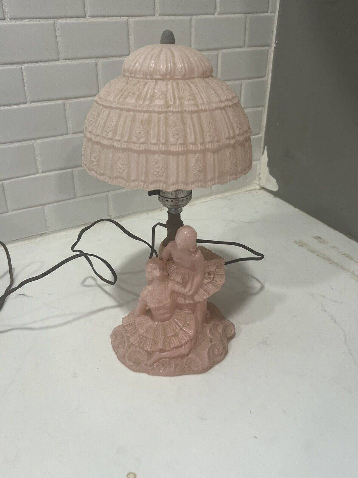 Vintage Antique Pink Satin Ladies Boudoir Glass Lamp 12” Victorian Nouveau