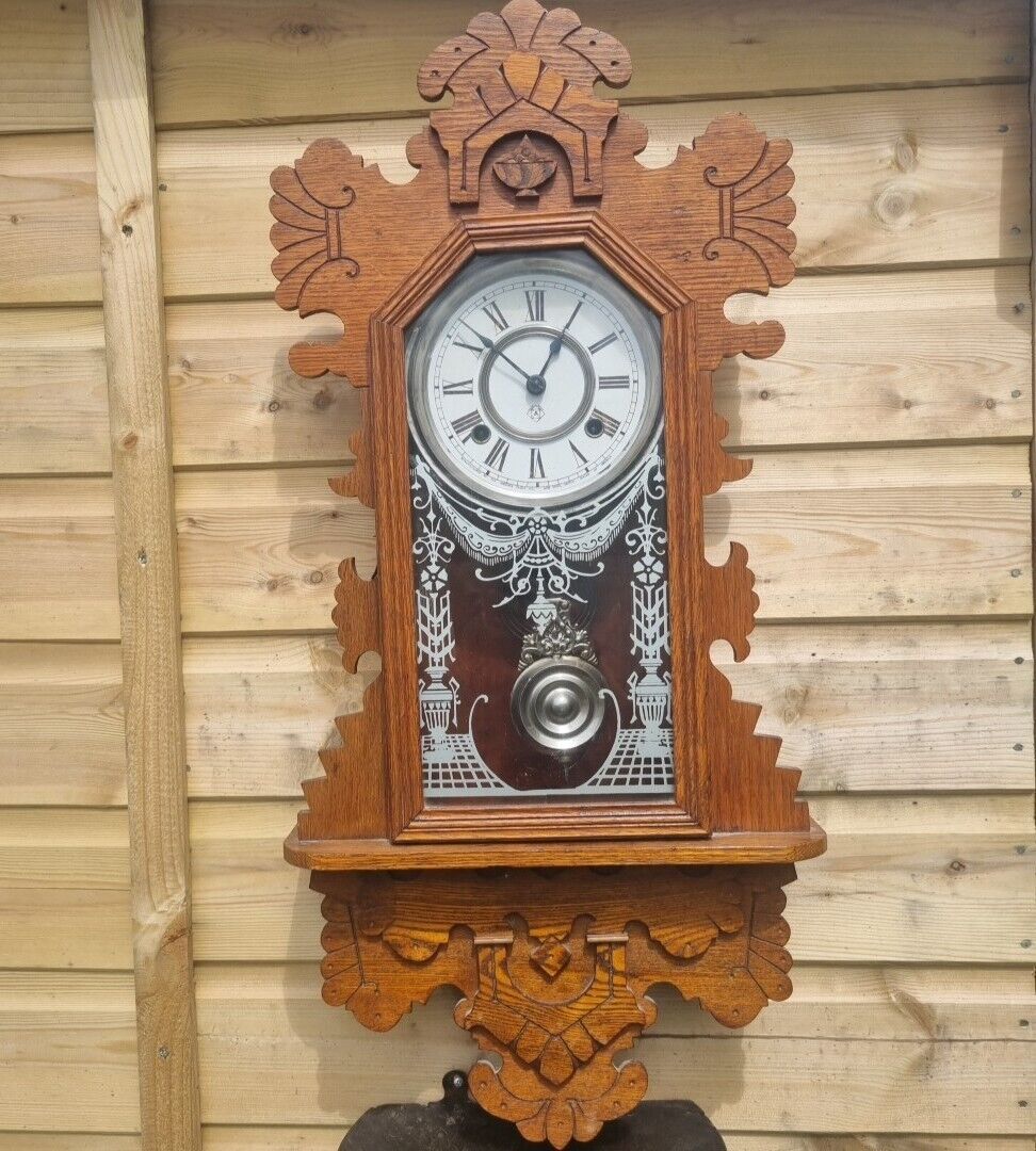 Antique Oak American New York Ansonia 8 Day Chiming Wall Clock & Key c.1901