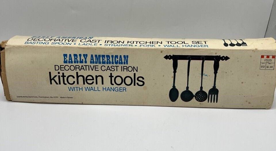 VTG Early American Cast Iron Kitchen Tools & Wall Hanger NEW Old Stock UNUSED
