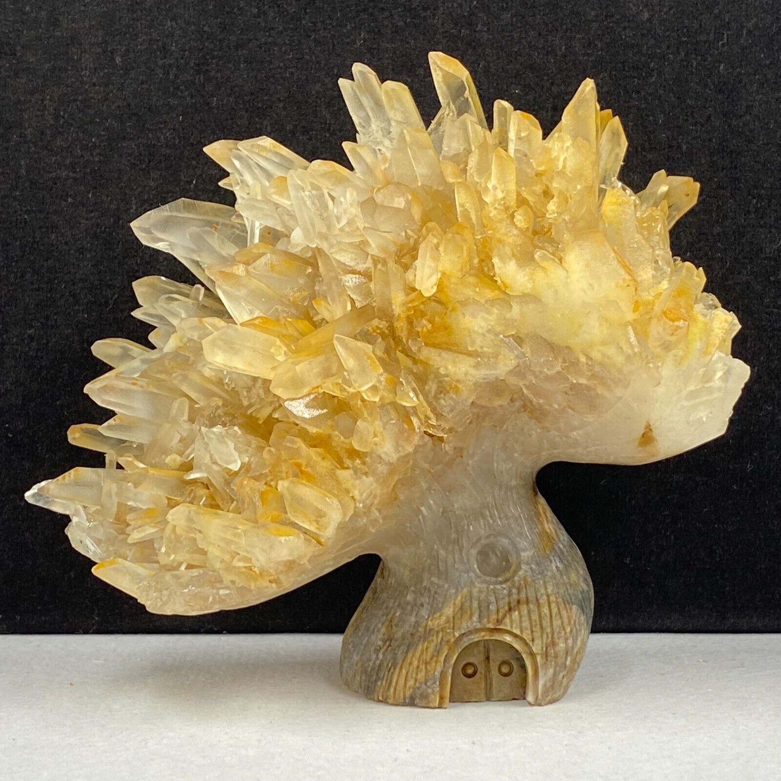 355g Natural quartz crystal cluster mineral specimen, hand-carved the Tree house