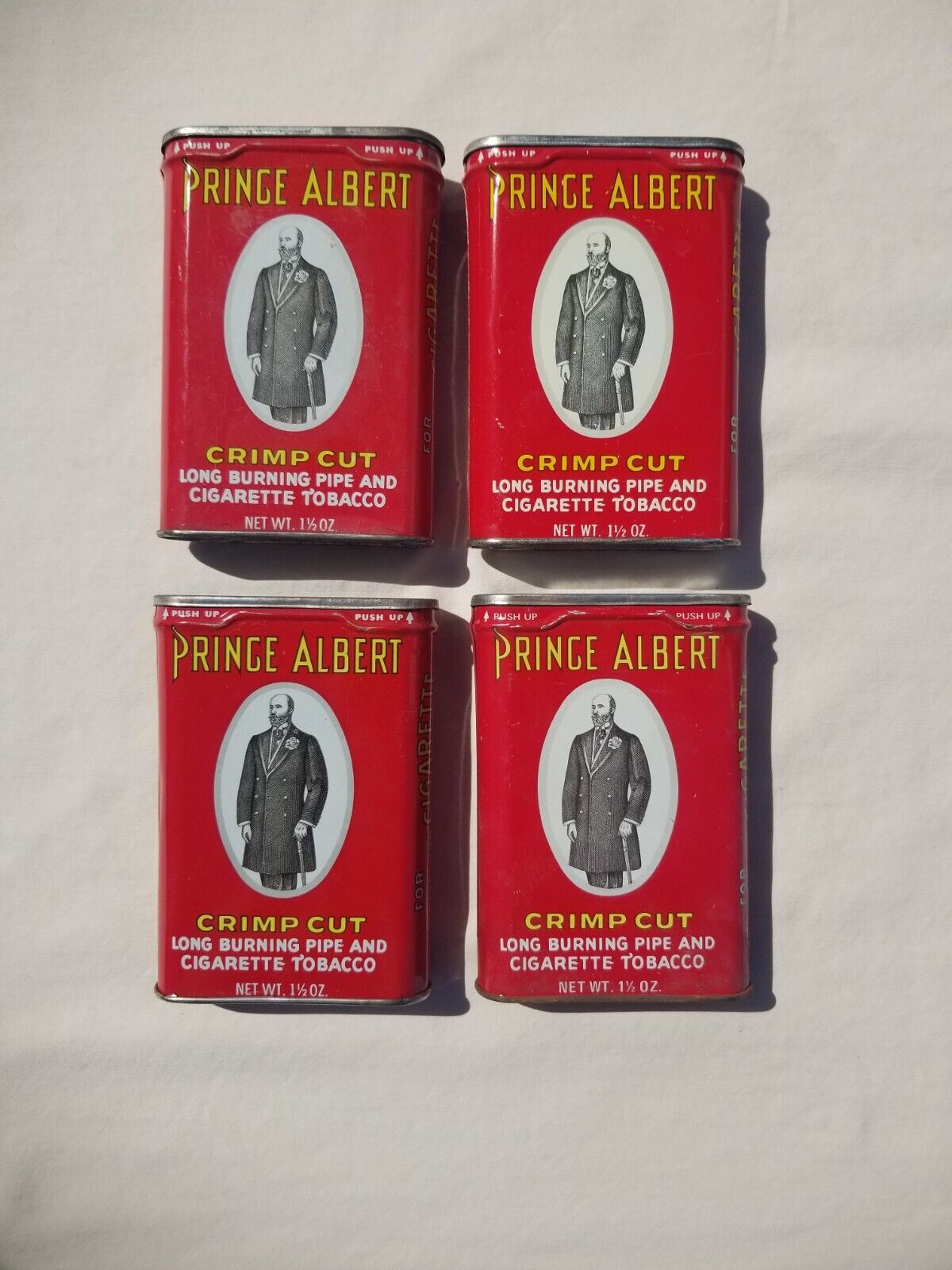 4 Vintage Prince Albert Crimp Cut Tobacco Tins 1.5 oz EMPTY Varying Good Cond