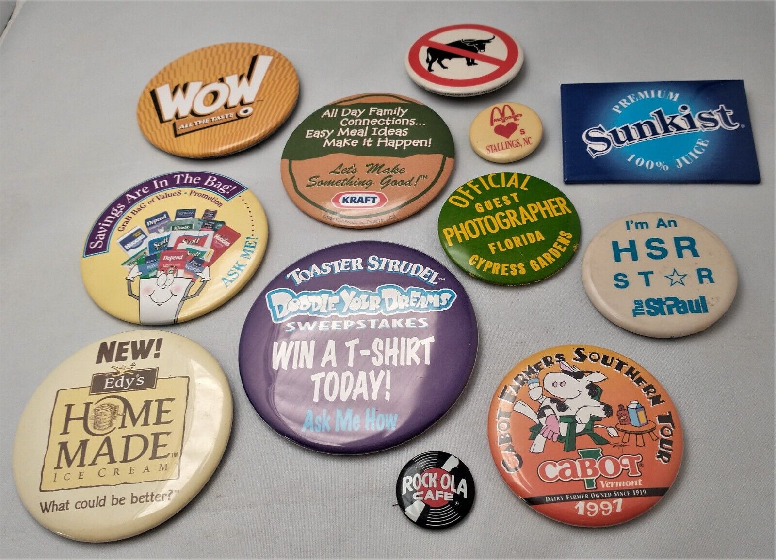 Lot of 12 Company Advertising Buttons Pins McDonalds Kraft Edy\'s Sunkist (B1)