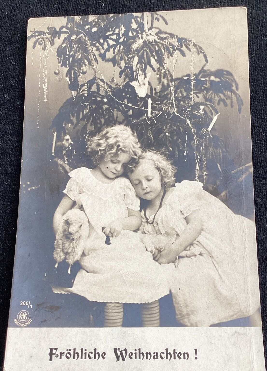 RPPC Girls Sleeping Christmas Tree Sheep Pull Toy Antique Doll Postcard Vintage 