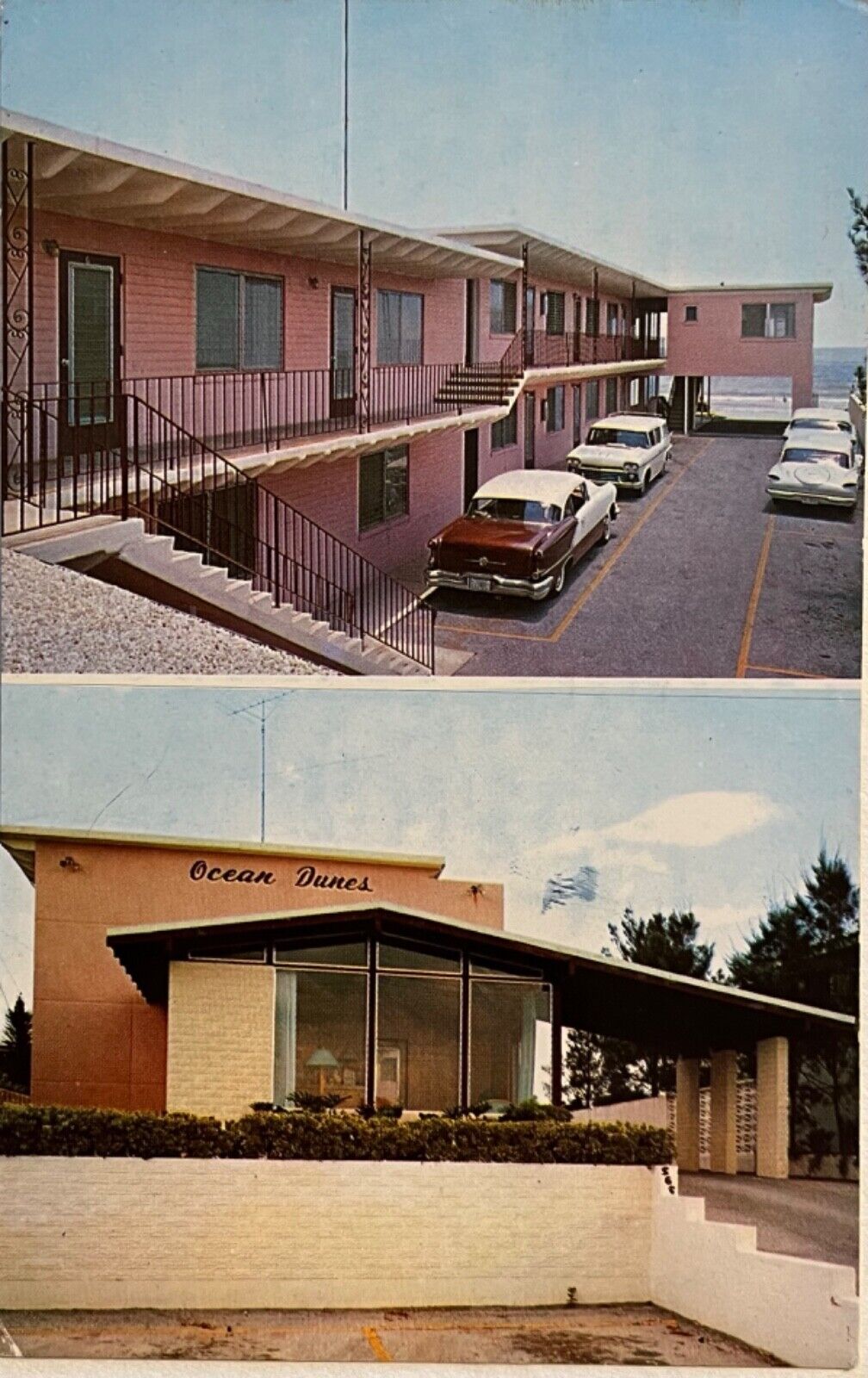 Ormond Beach Florida Ocean Dunes Motel Old Cars Vintage Postcard c1960
