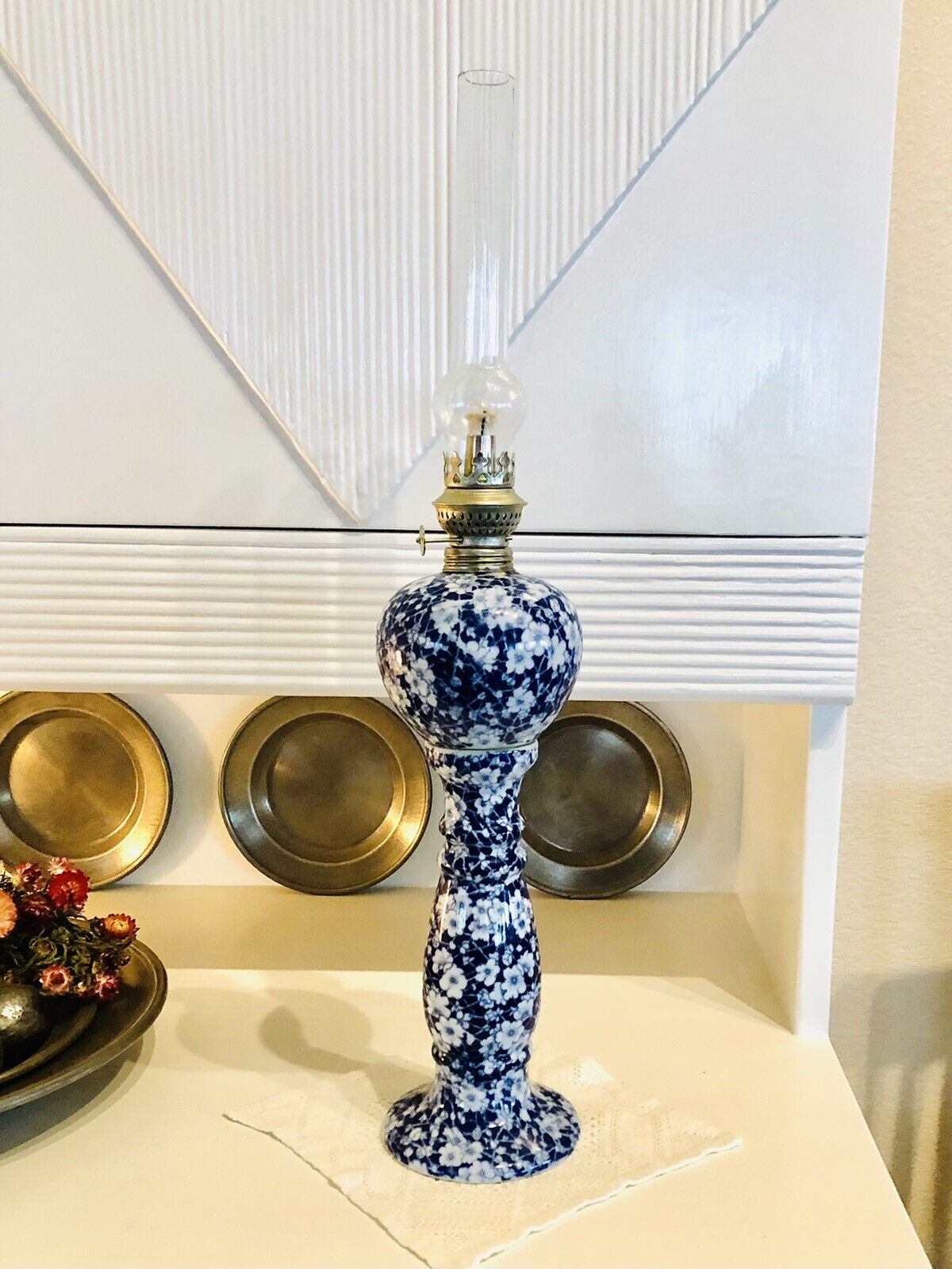 Churchill Blue Calico Pattern Kerosene Oil Lamp 21.5” Tall