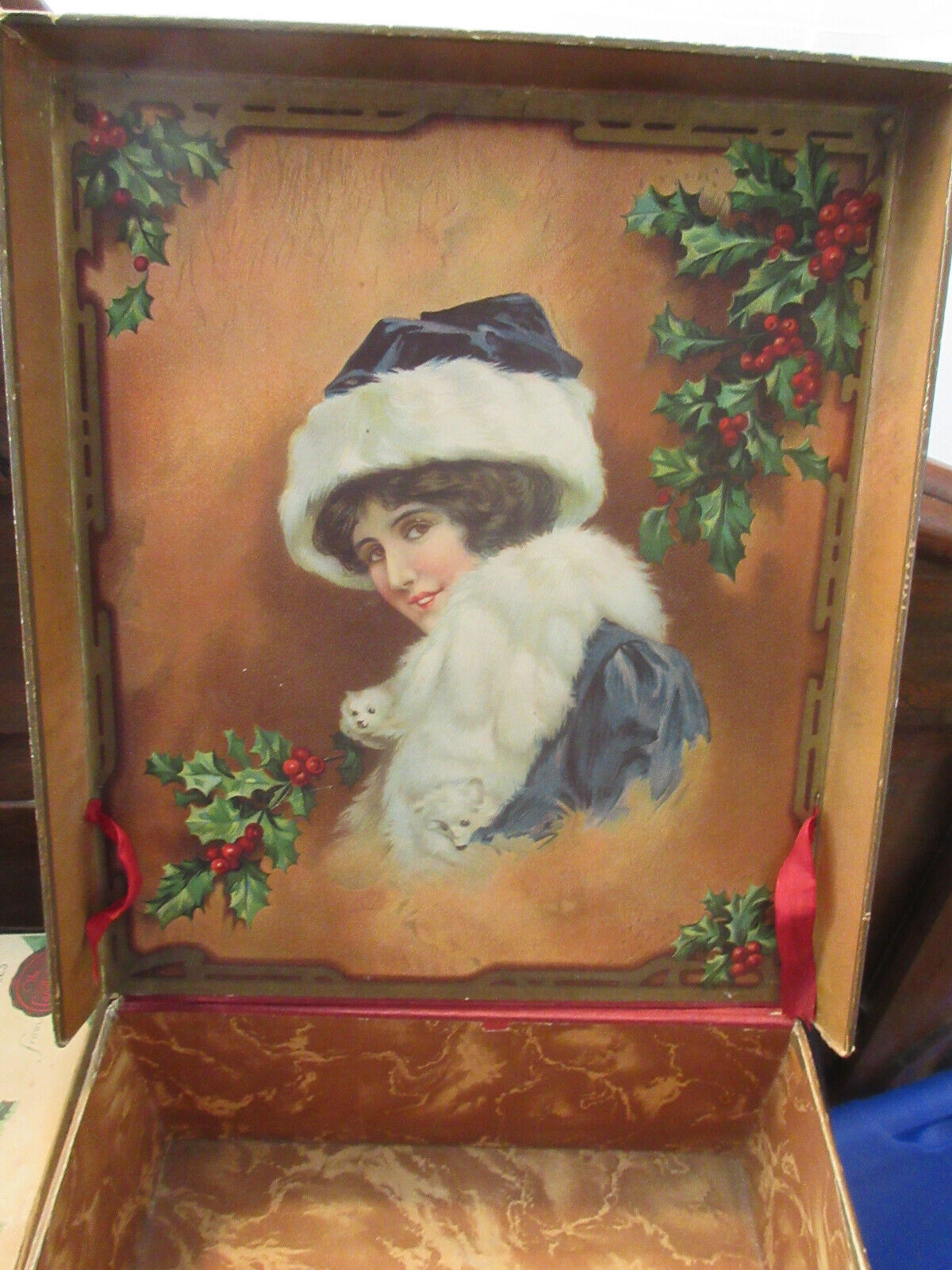 Primitive past Antique Victorian Christmas Box with Lithographed Victorian Lady2