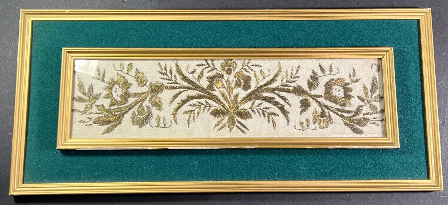Vintage Ornate Gold FRAME - Green Mat & needle Artwork W/IN 21 1/2
