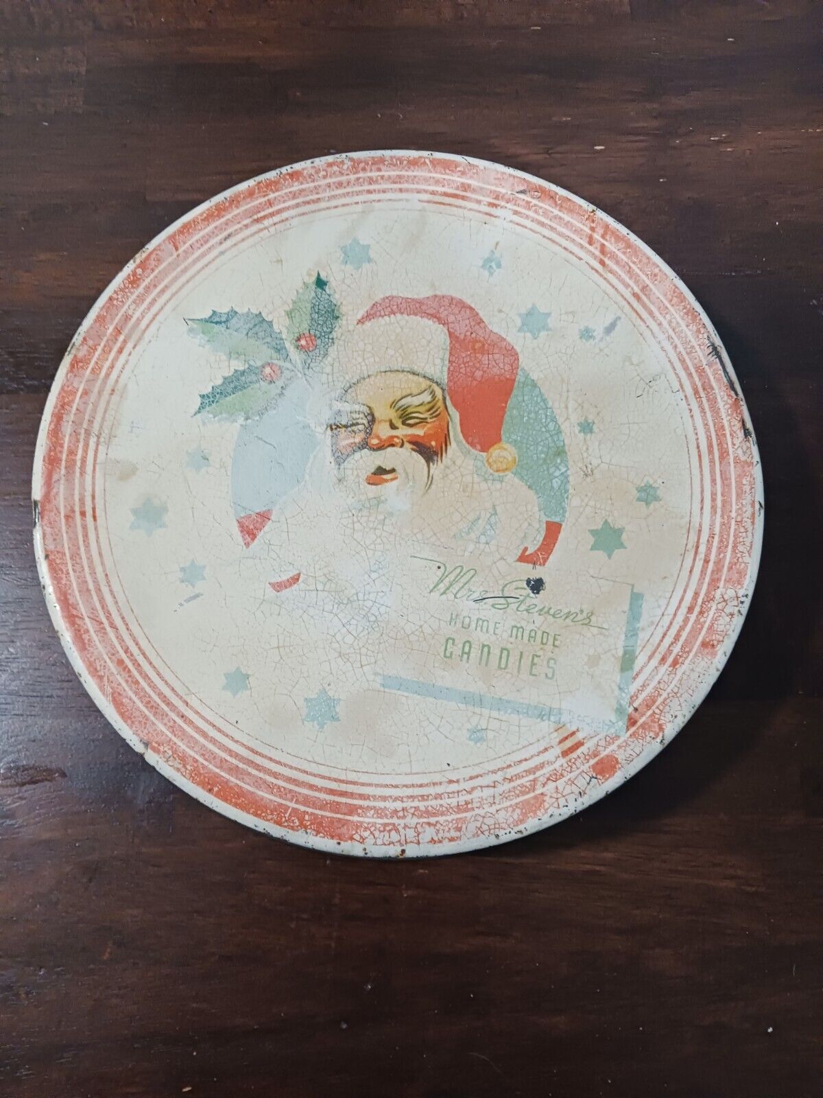 Vintage 1940s Mrs Stevens Candy Tin Christmas Santa Claus 10 Inches