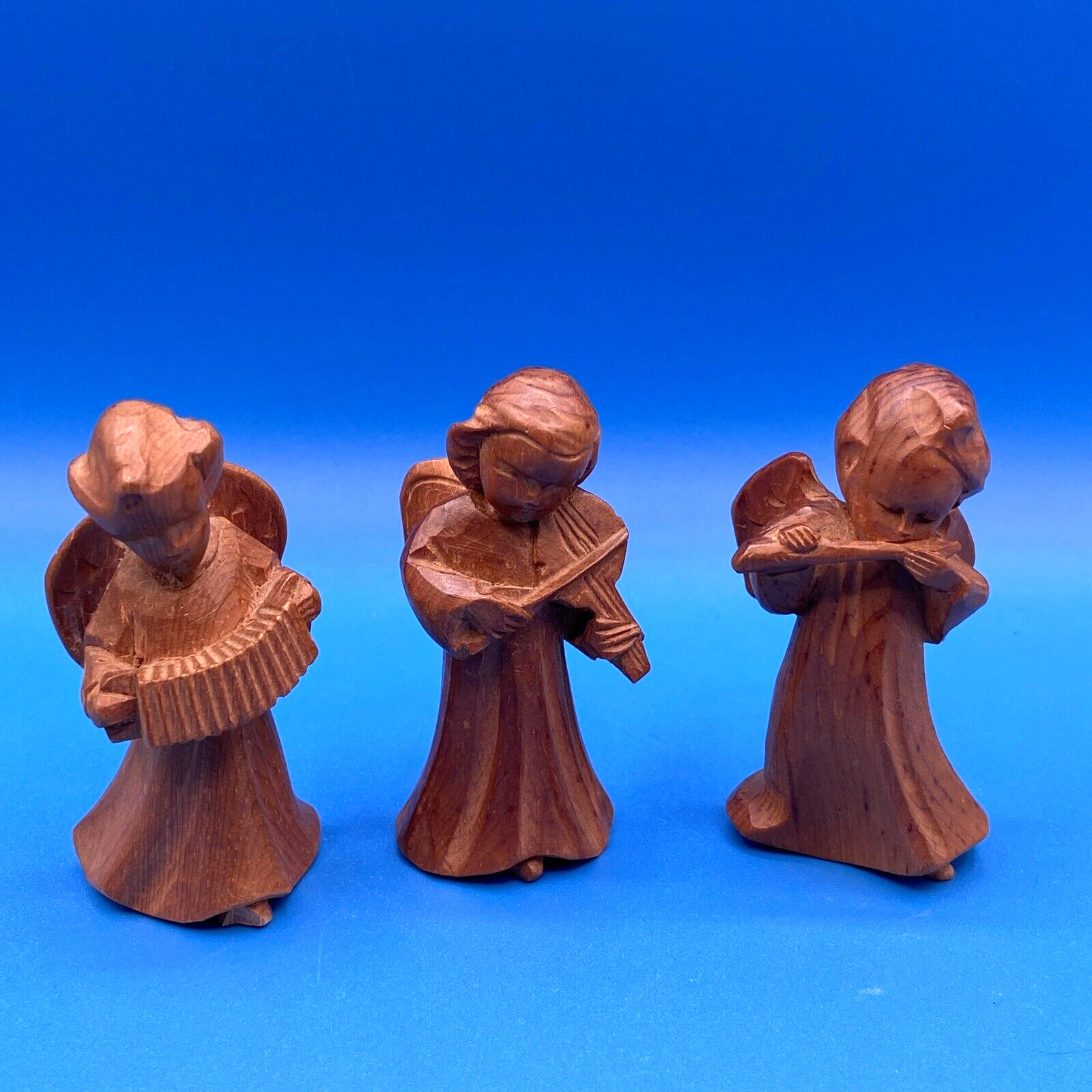 ANGELS LOT 3 vintage wood hand carved 3 inches playing musical instruments