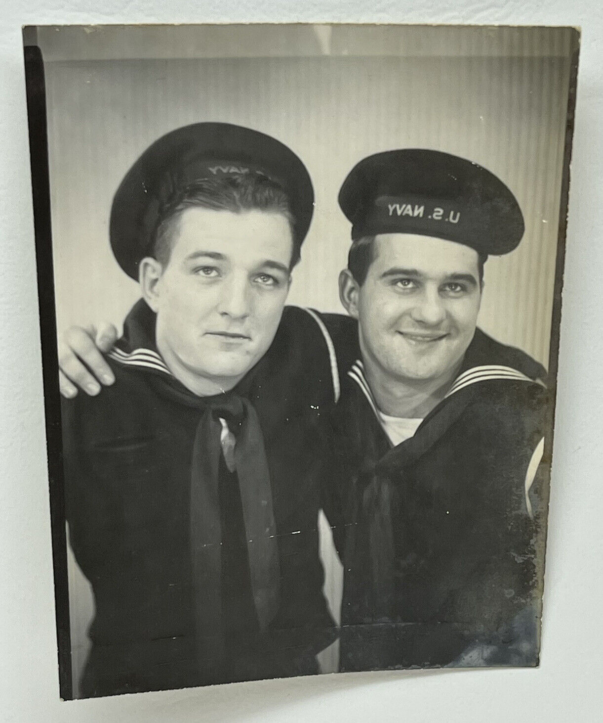 Vintage Studio Booth Photo Handsome U S Navy Sailor Friends Hugging