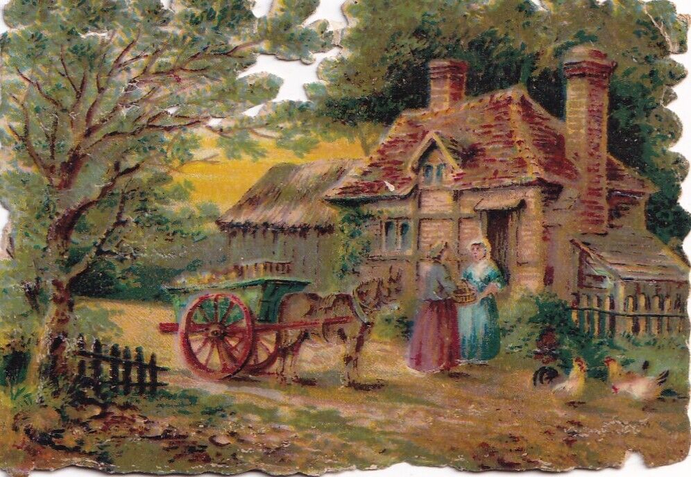 Antique Victorian Scrap Die Cut - Country Home Scene Horse Cart -2.25x3.25 in