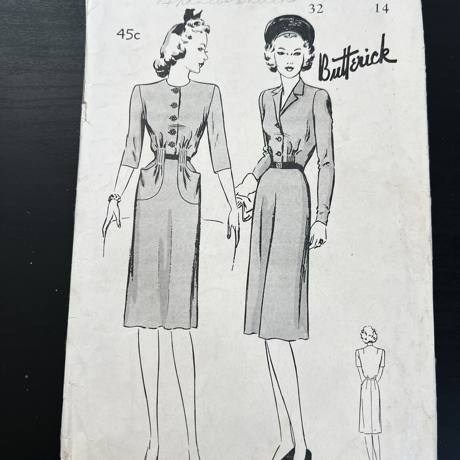 Vintage 1940s Butterick 2271 Peg Top Tailored Dress Pockets Sewing Pattern USED