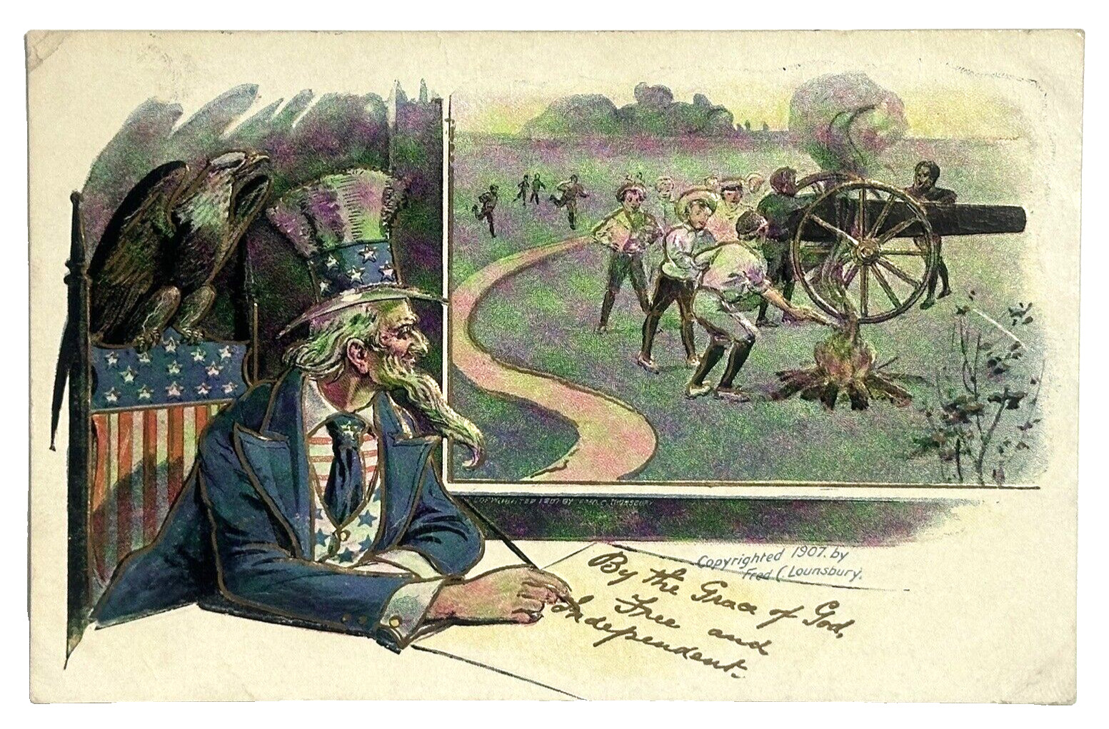 Uncle Sam Postcard Fourth of July Patriotic Free by the Grace of God Lounsbury