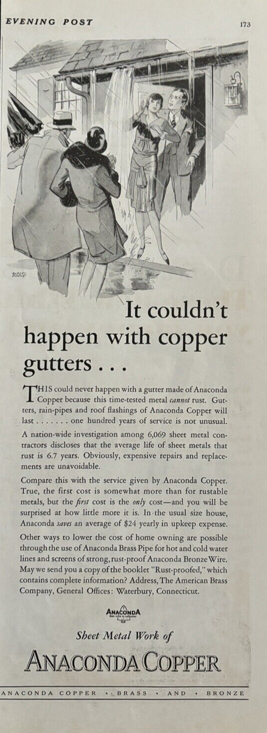 ANACONDA COPPER BRONZE BRASS WATERBURY CONN. SHEET METAL VINTAGE PRINT AD 1929