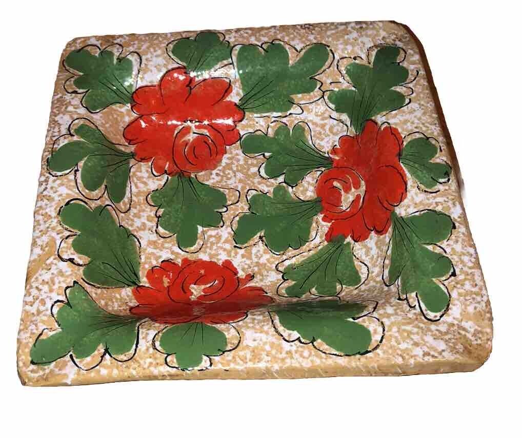 VINTAGE MCM Italy Terra-Cotta Bowl Dish Ashtray Bright Red Flowers ￼