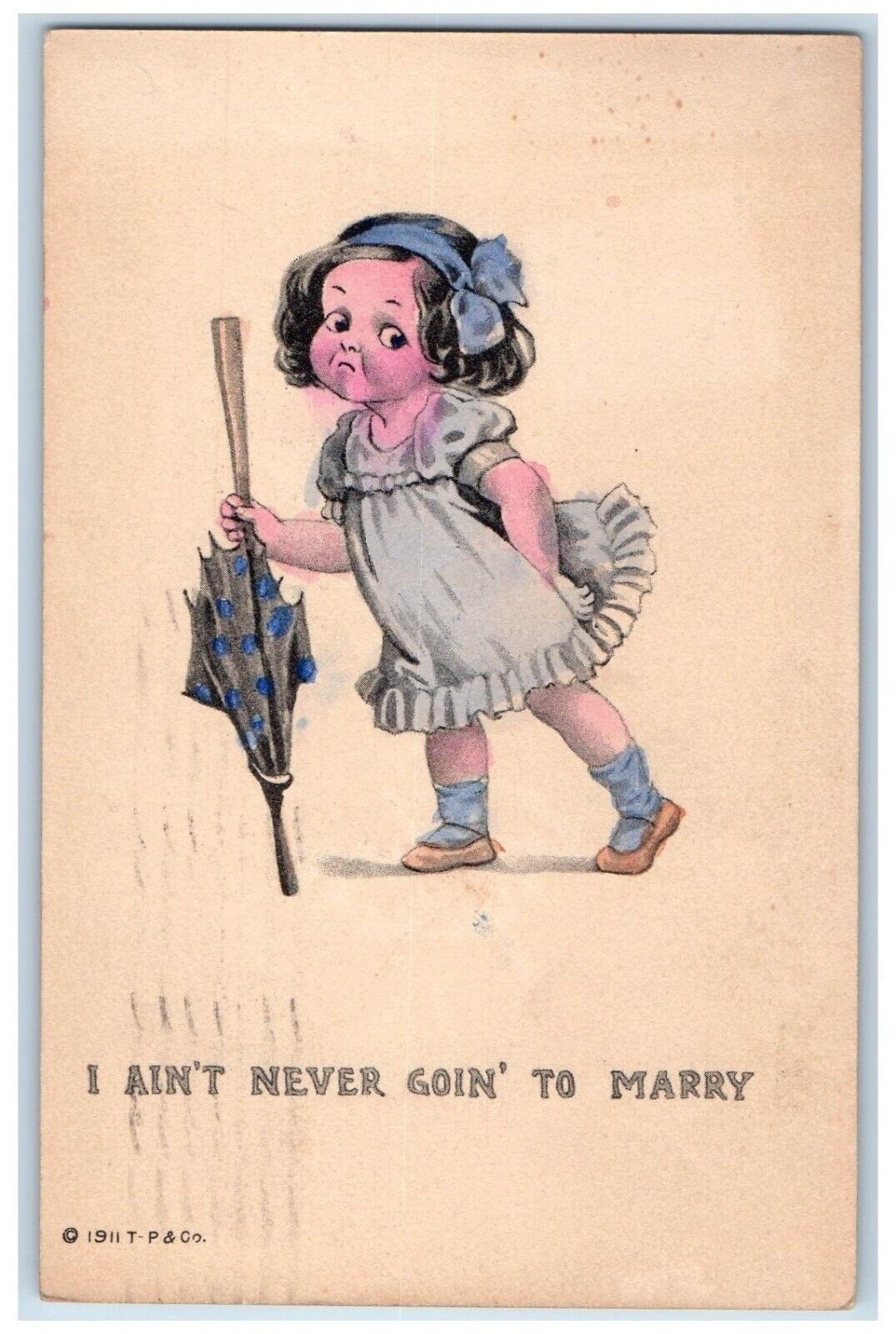 1912 Little Girl Umbrella I Ain\'t Never Goin To Marry Hartford CT Postcard